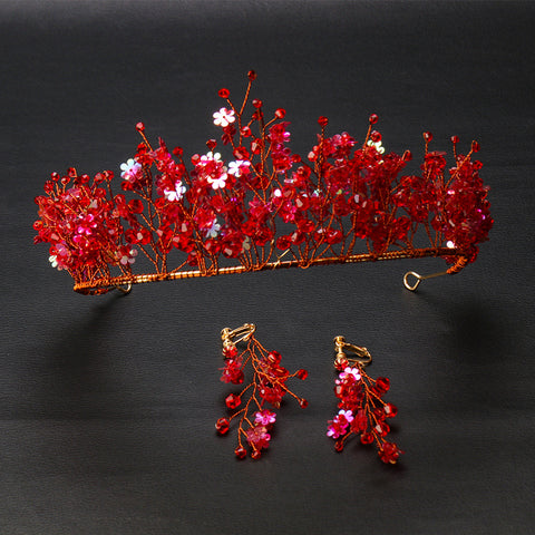 Handmade Hair Accessories Red Crystal Crown Wedding Headdress Set w/ Earrings